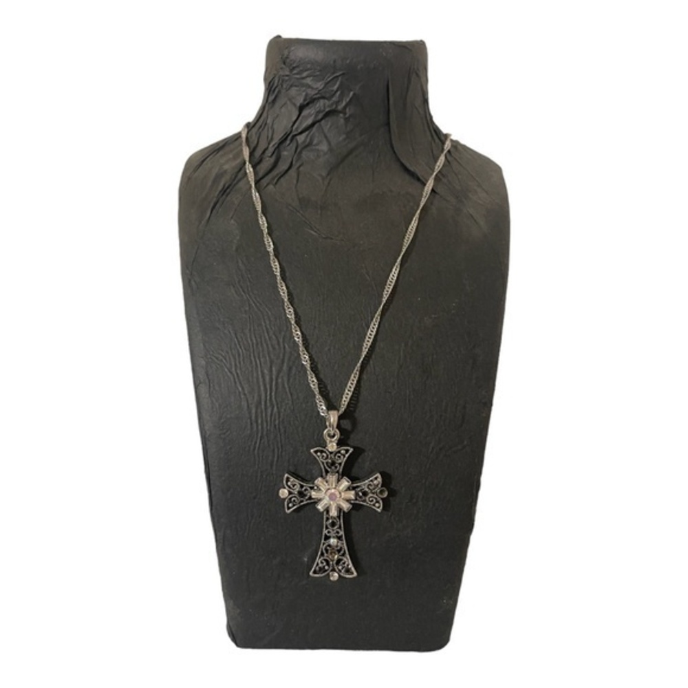 Filigree Silvertone Crystal Encrusted Cross Pendant with Silver Chain. See Photo